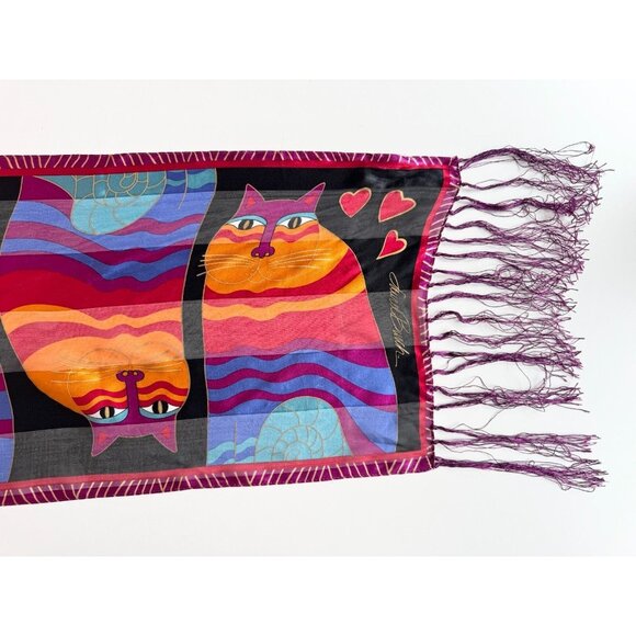 Vintage LAUREL BURCH Cat Silk Habotai Fringed 66" x 10" Rectangle Scarf - Picture 5 of 8